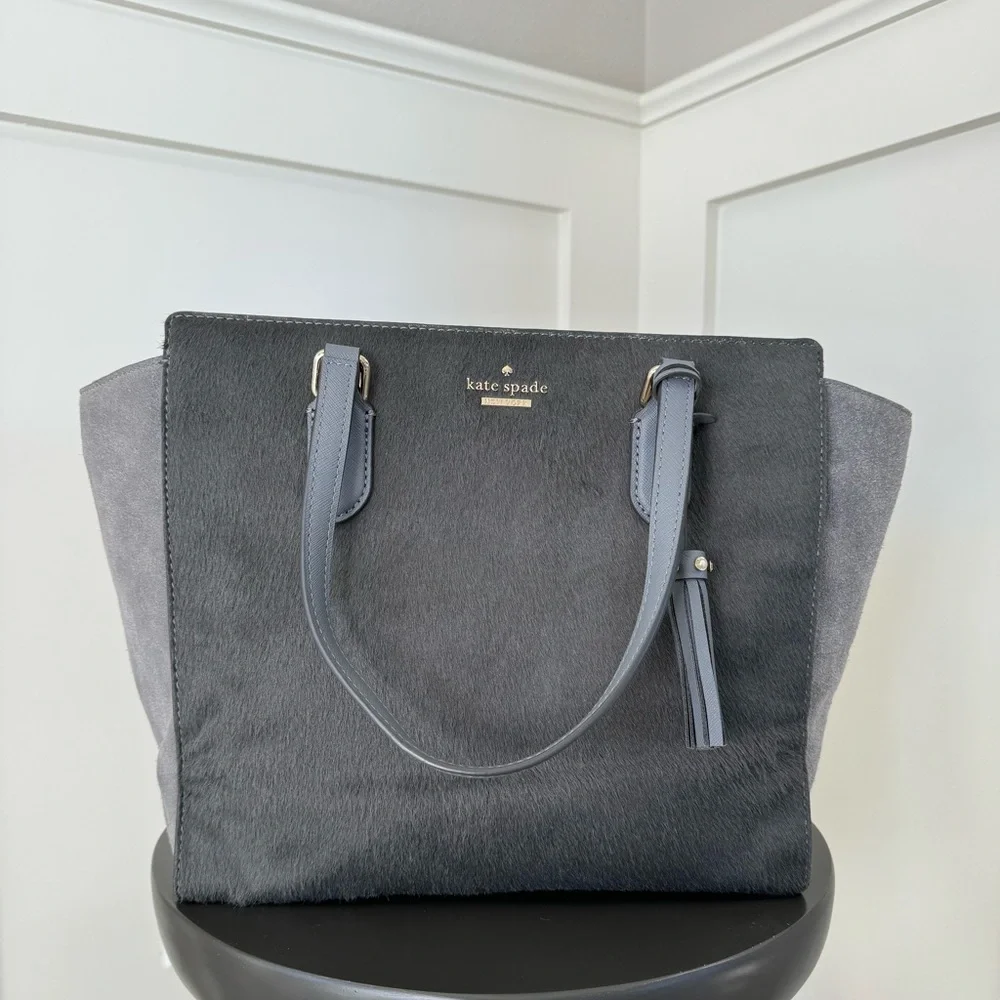 Kate Spade Laurel Way Hadlee Leather with Calf Hair Tote Satchel Gray